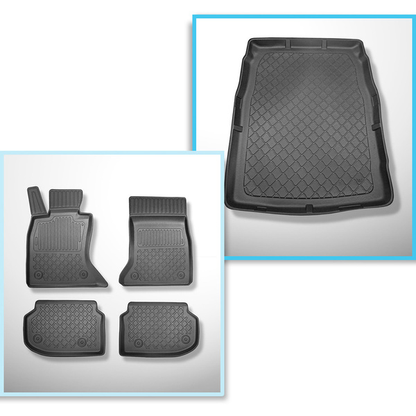 Conjunto de tapetes de bagageira e tapetes de carro feitos sob medida para BMW Série 5 F10 Limousine (03.2010-2013) - X-drive; espaçamento de guias dos assentos dianteiros (parte traseira) 415 mm