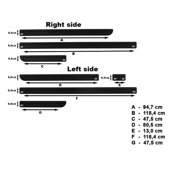 Fitas laterais compatíveis com Volkswagen Transporter T5 Van (2004-2015) - (longa distância entre eixos)
