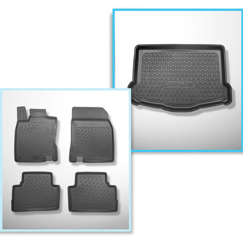 Conjunto de tapetes de bagageira e tapetes de carro feitos sob medida para Nissan Qashqai II Crossover (02.2014-05.2021) - compartimento de bagagem inferior com roda sobressalente temporária (base dupla removida do porta-malas)