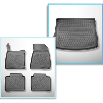 Conjunto de tapetes de bagageira e tapetes de carro feitos sob medida para Kia Niro II (SG2) Crossover (06.2022-....) - HEV Hybrid; EV (electric); parte superior do porta-malas; base móvel na posição mais alta; não para a versão Plug-in Hybrid