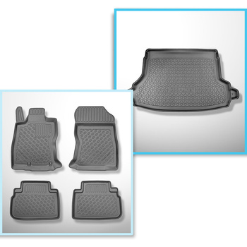 Conjunto de tapetes de bagageira e tapetes de carro feitos sob medida para Subaru Forester V SK e-Boxer SUV (06.2019-10.2024) - com /sem subwoofer; possibilidade de remover o compartimento direito